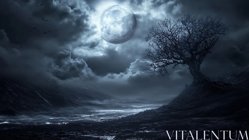 Moonlit barren tree welcomes a moody, mystical shoreline