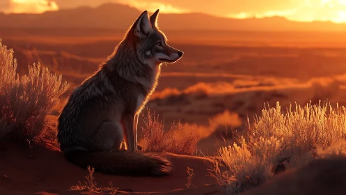Sunlit coyote profile in backlit desert scrub at golden hour