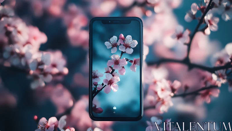 Cherry Blossom Bokeh: Digital Wallpaper Design with Notch Smartphone.
