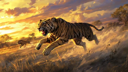Striped Hunter Charging Through Golden Savanna Dust.