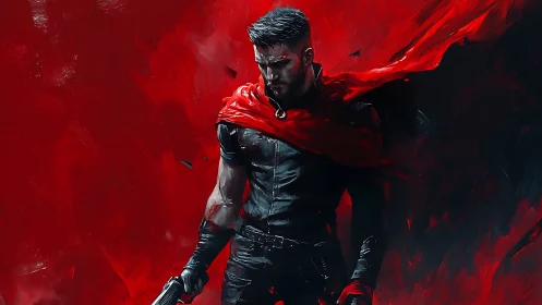 Red-cloaked cyber vigilante stands in high-contrast chiaroscuro