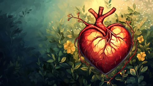 Anatomical Heart with Vascular Branches in Garden Setting.