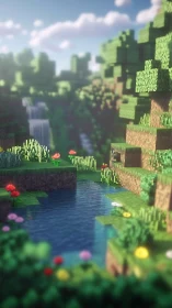 Voxel forest pond landscape uses depth-of-field rendering
