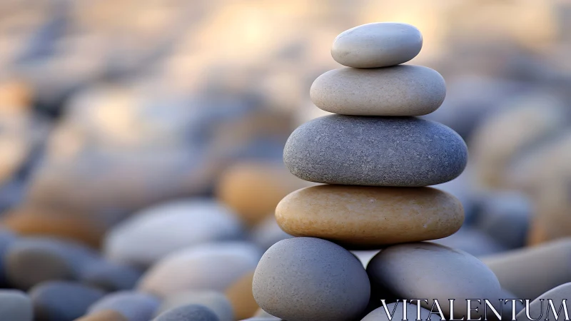 Balanced river stones stack in soft coastal bokeh light.