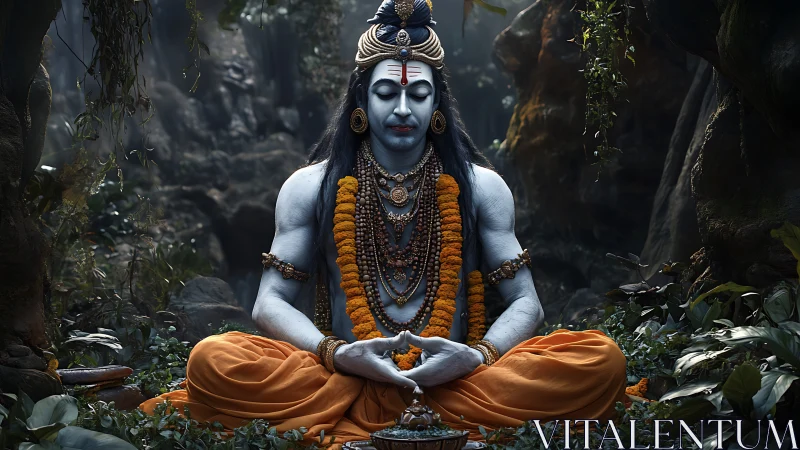 Serene blue deity rests in quiet meditation among forest shadows
