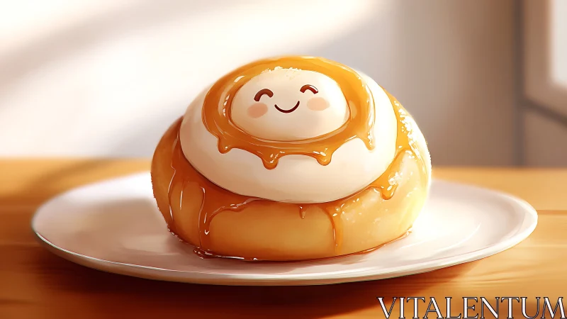 Cute caramel-drizzled bun rendered in warm digital light