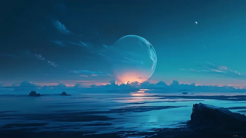 Bioluminescent alien shoreline with rising translucent gas giant