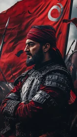 Armored medieval warrior in red before storm-torn banner