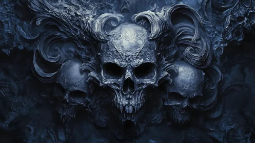 Clustered skull relief with swirling dark ornamental forms.