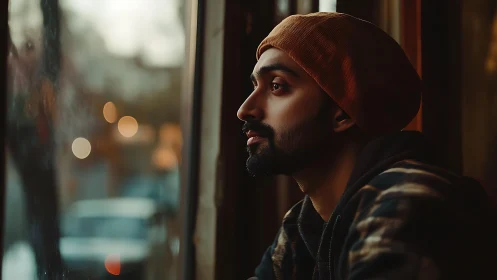 Pensive man in beanie gazing through window at dusk.