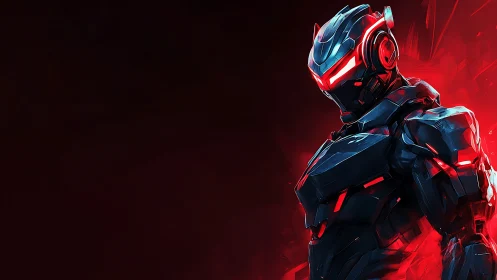 Cybernetic warrior in red neon armor on dark void field.