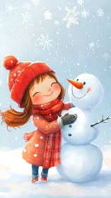 Child in red winter gear embracing stylized snowman portrait.