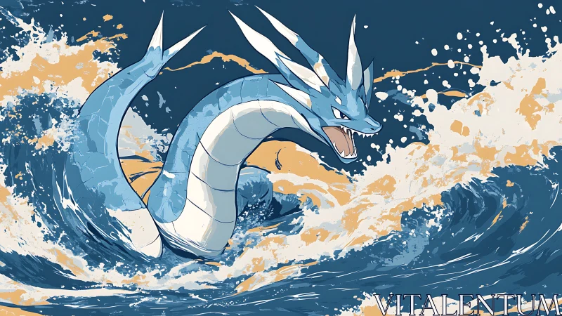 Serpentine sea creature traverses turbulent stylized waves