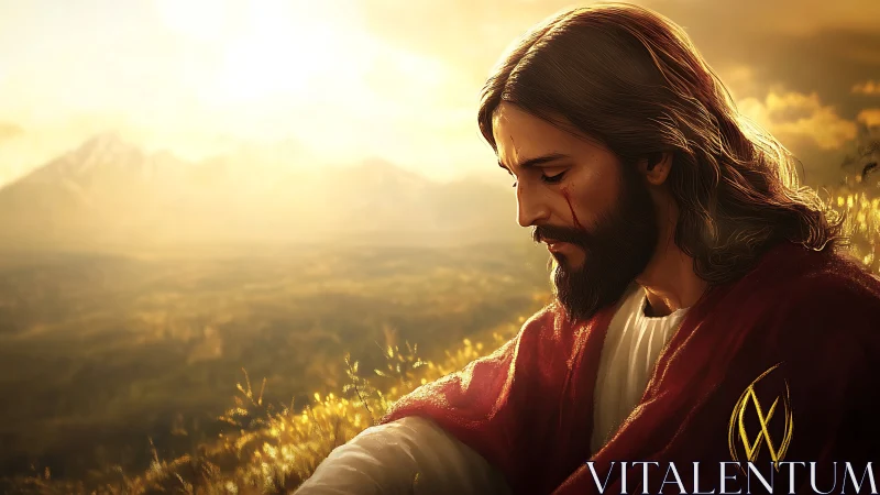 Figure in red robe sits in sunlit landscape at golden hour