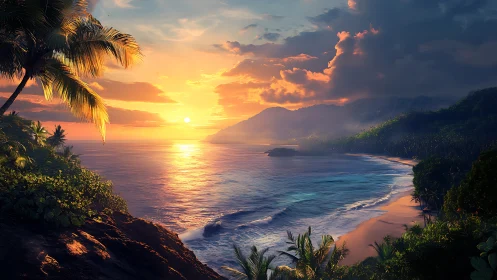 Sunset blazes above tropical bay with glowing shoreline.