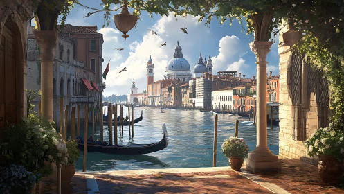 Sunlit Venetian canal terrace overlooks domes and gondolas