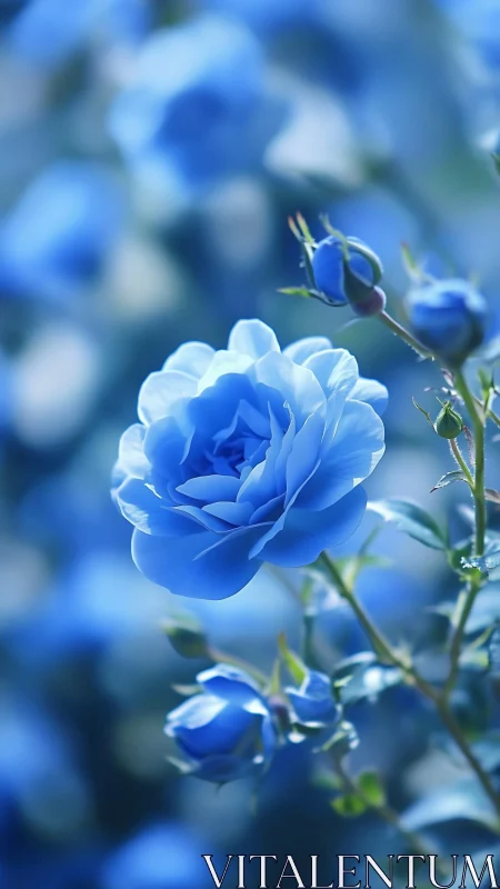 Blue Rose Blooms in Soft Focus Garden Setting.