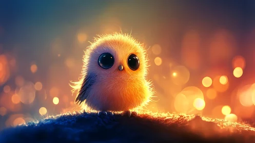 Adorable fluffy baby owl with big eyes in dreamy bokeh lighting.