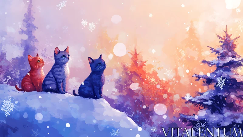 Three Cats in a Snowy Winter Wonderland.