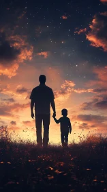 Father and child silhouettes under glowing starry sunset sky.