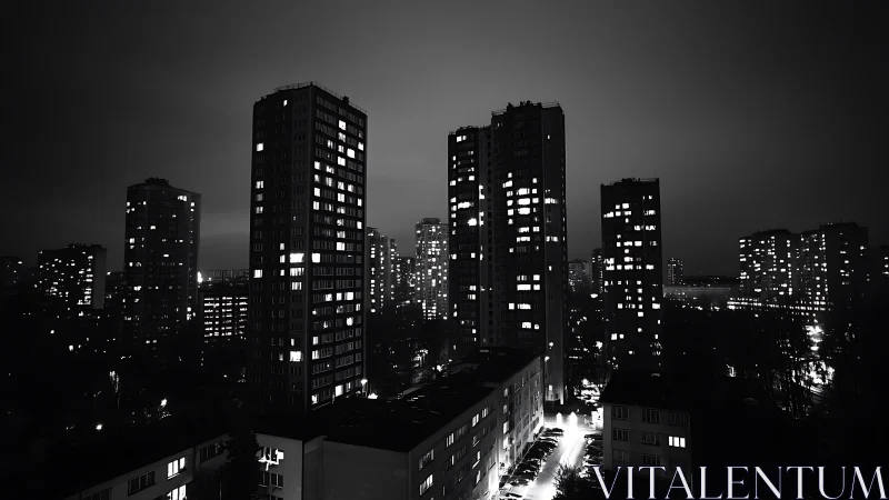 Monochrome high-rise city skyline with illuminated grid windows.