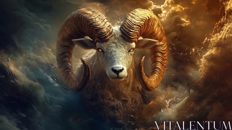 Ram head rendered with dramatic lighting and dense clouds