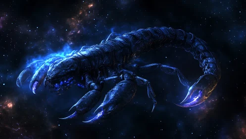 Cosmic scorpion drifts through nebula-lit deep space night.