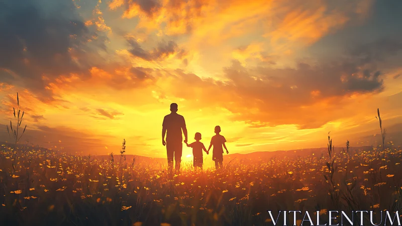 Backlit family silhouettes in luminant sunset meadowscape.