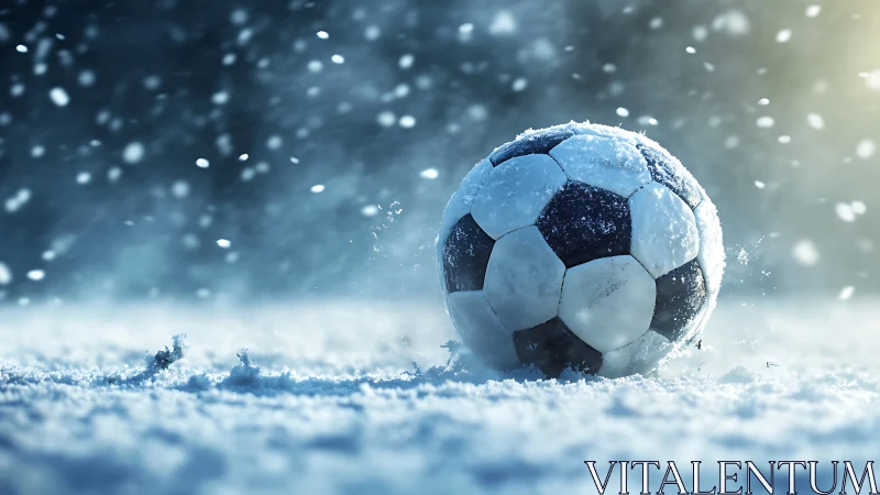 Snow‑covered soccer ball rests on a frozen winter pitch.