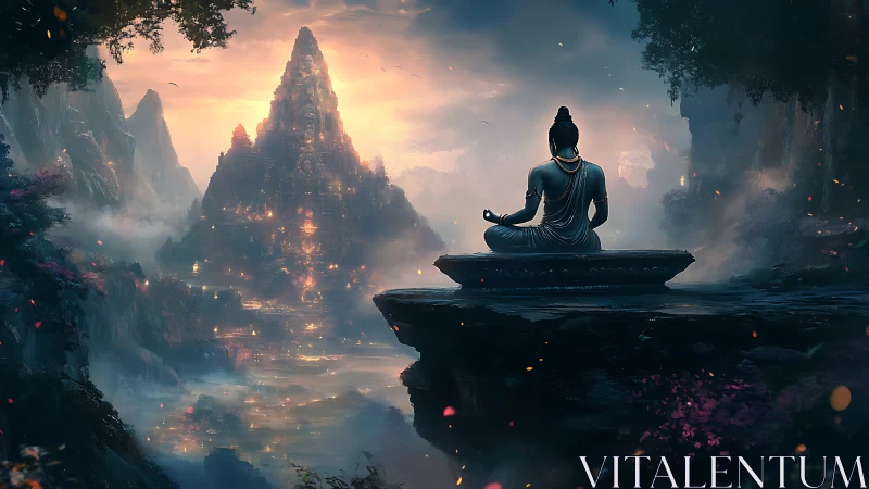 Silent bronze mystic contemplates a glowing mountain city