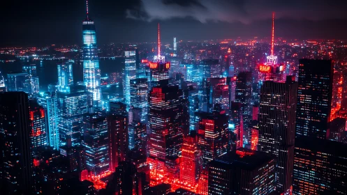 Neon drenched high rise skyline with cyan red bicolor lighting