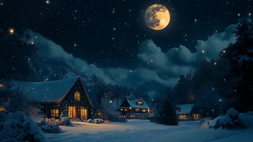 Moonlit winter cabins glowing softly beneath starry skies.