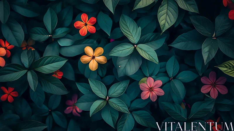 Colorful Blossoms Emerge Against Teal Foliage. Vibrant Garden Composition.