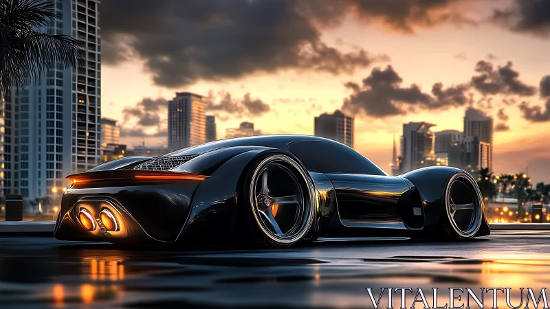 Futuristic supercar glows against sunset city skyline.