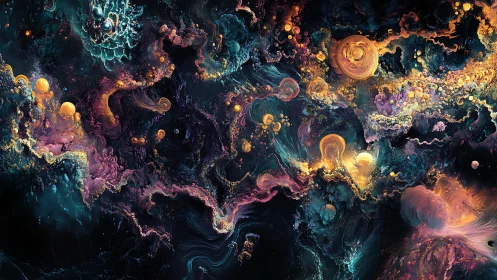 Celestial nebula swirls glow in a richly colored cosmic storm