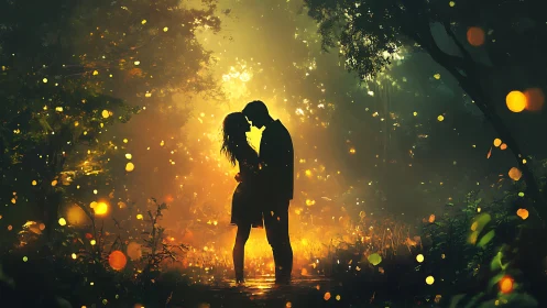 Romantic Kiss Illuminated by Magical Golden Fireflies.