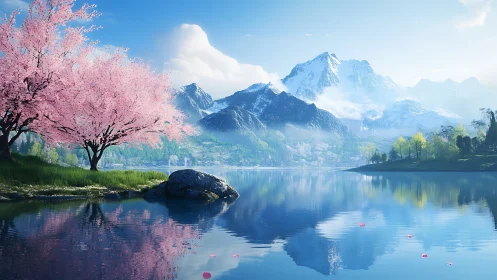 Digital landscape with cherry trees and alpine lake reflection.