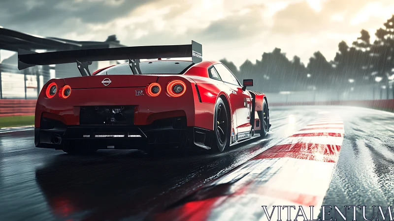 Red Nissan GT-R race car powers through wet circuit rain.
