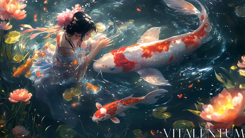 Woman in pond with koi fish and floating lotus flowers.