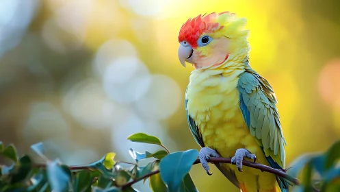 Vibrant parrot perched on branch with glowing bokeh background.