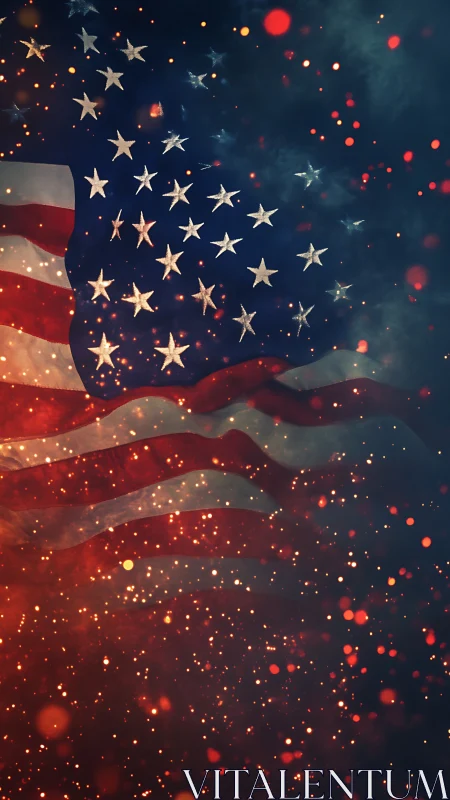 American flag overlay with bokeh sparks and atmospheric haze depth