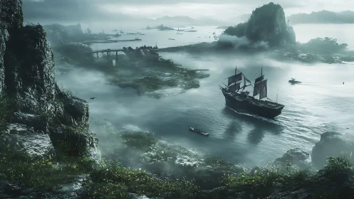 Foggy coastal bay with sailing ships and rocky cliffs.