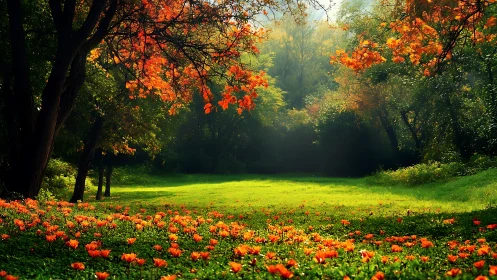 Sunlit meadow framed by autumn trees and orange flowers.