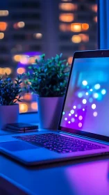 Neon laptop sanctuary glowing against dreamy city windows.