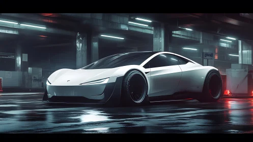 Futuristic white supercar in cinematic neon-lit wet garage.