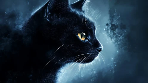 Mysterious Black Cat with Piercing Golden Eyes in Moonlight