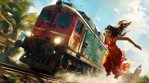 Woman running beside moving train on rural railway line.