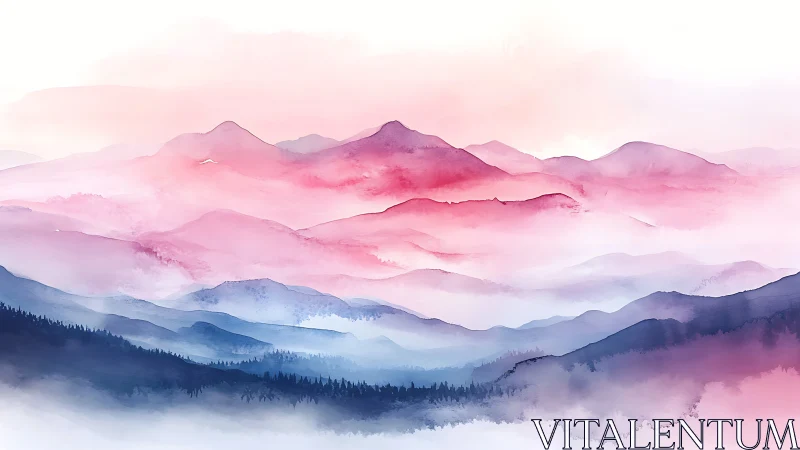 Layered pink and blue mountain ranges in watercolor style.