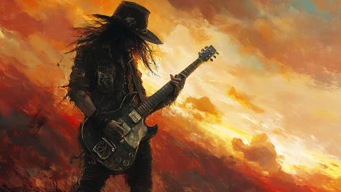 Silhouetted guitarist under orange clouded sunset sky.