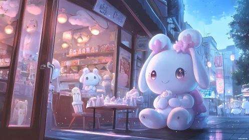 Digital street scene depicts oversized rabbit mascot figure